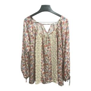 easel Crochet-Panel Floral Peasant Blouse in Cream and Multicolor